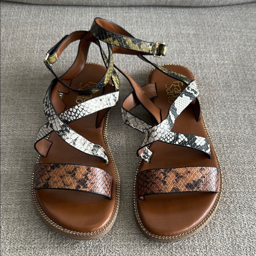 Franco Sarto Black and Brown Sandals with Intricate Straps